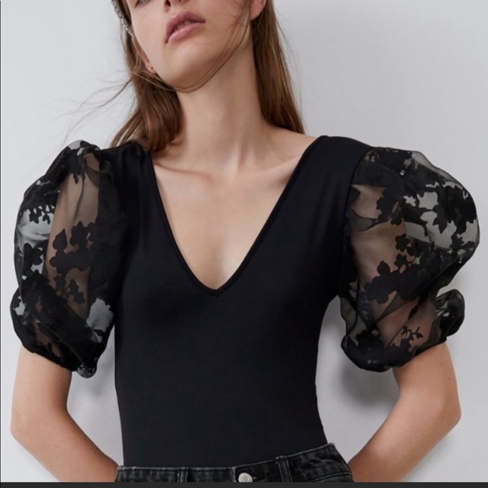 Zara embroidery sheer balloon sleeves bodysuit